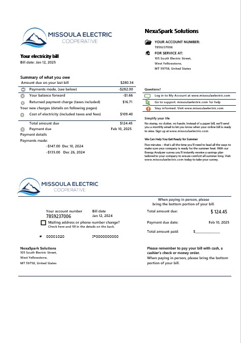 USA Montana Missoula Electric Cooperative electricity business utility bill template in Word and PDF formats